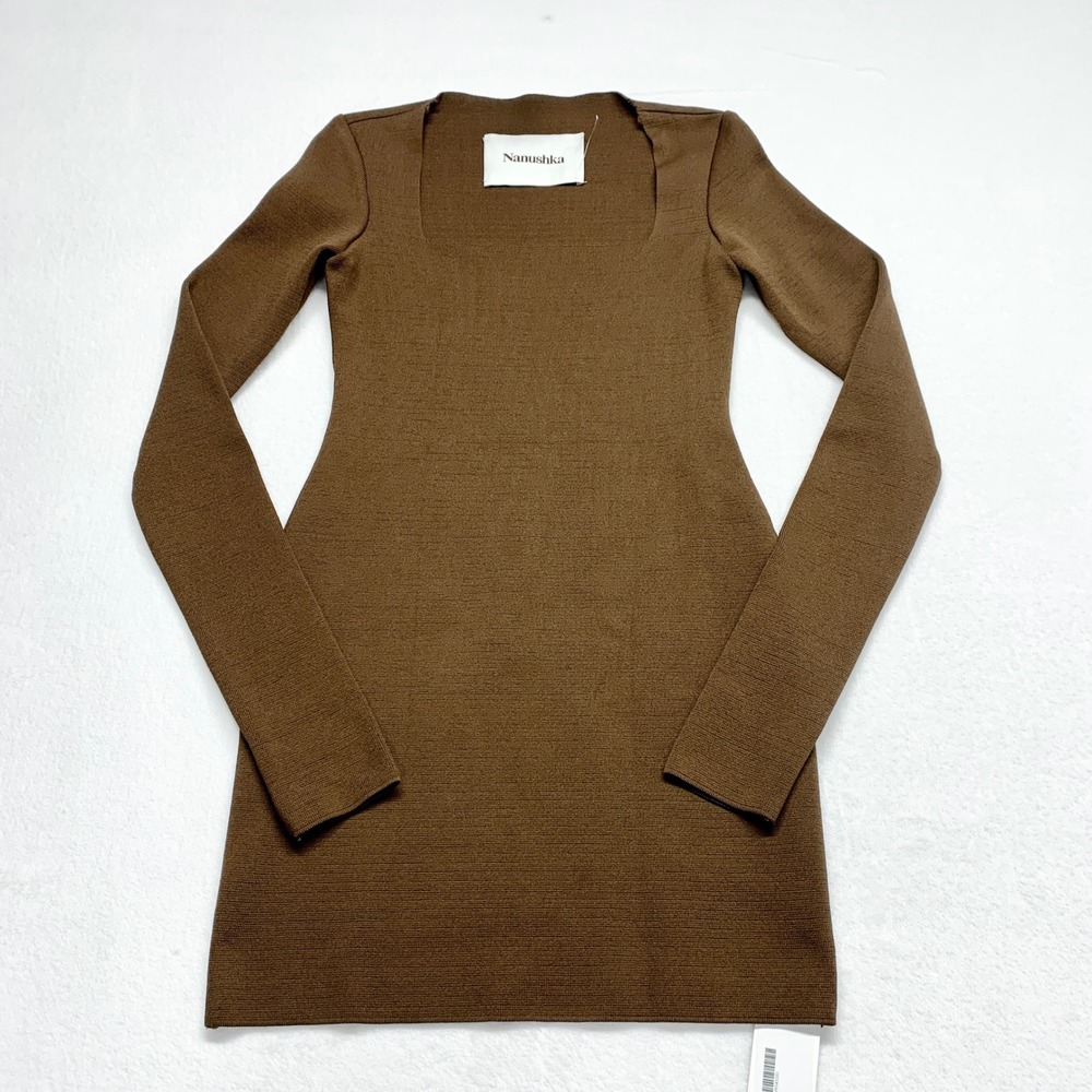 Nanushka Square Neck Knit Mini Dress Womens Size S Brown Long Sleeve Recycled